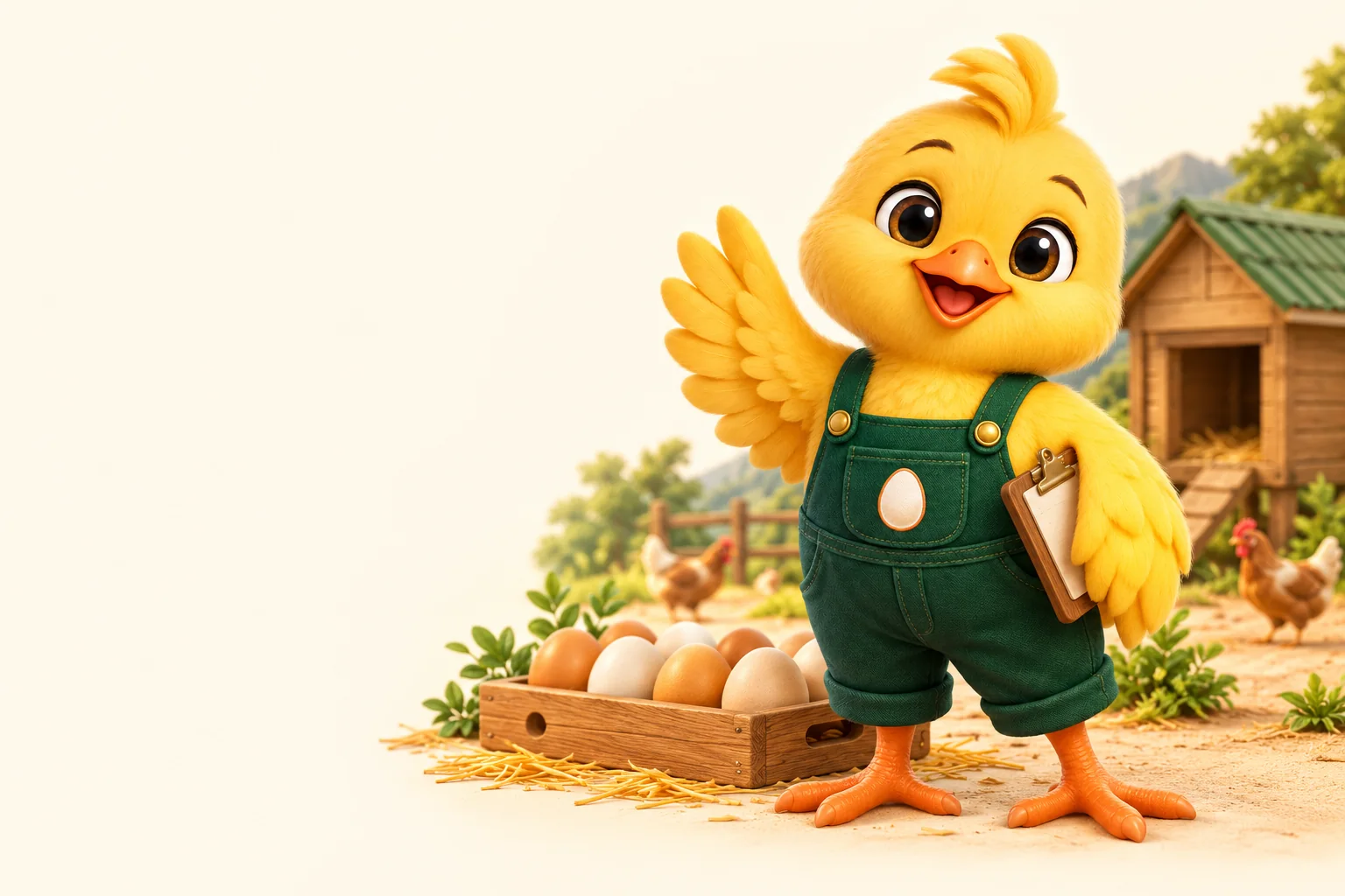The ChickFarm chick with a clipboard beside a crate of eggs and a timber poultry house.
