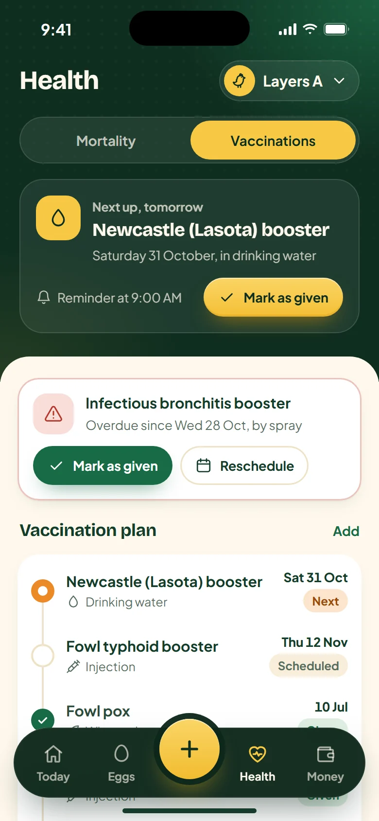Health: the Newcastle booster is due tomorrow with a reminder at 9:00 am, and an infectious bronchitis booster is overdue.